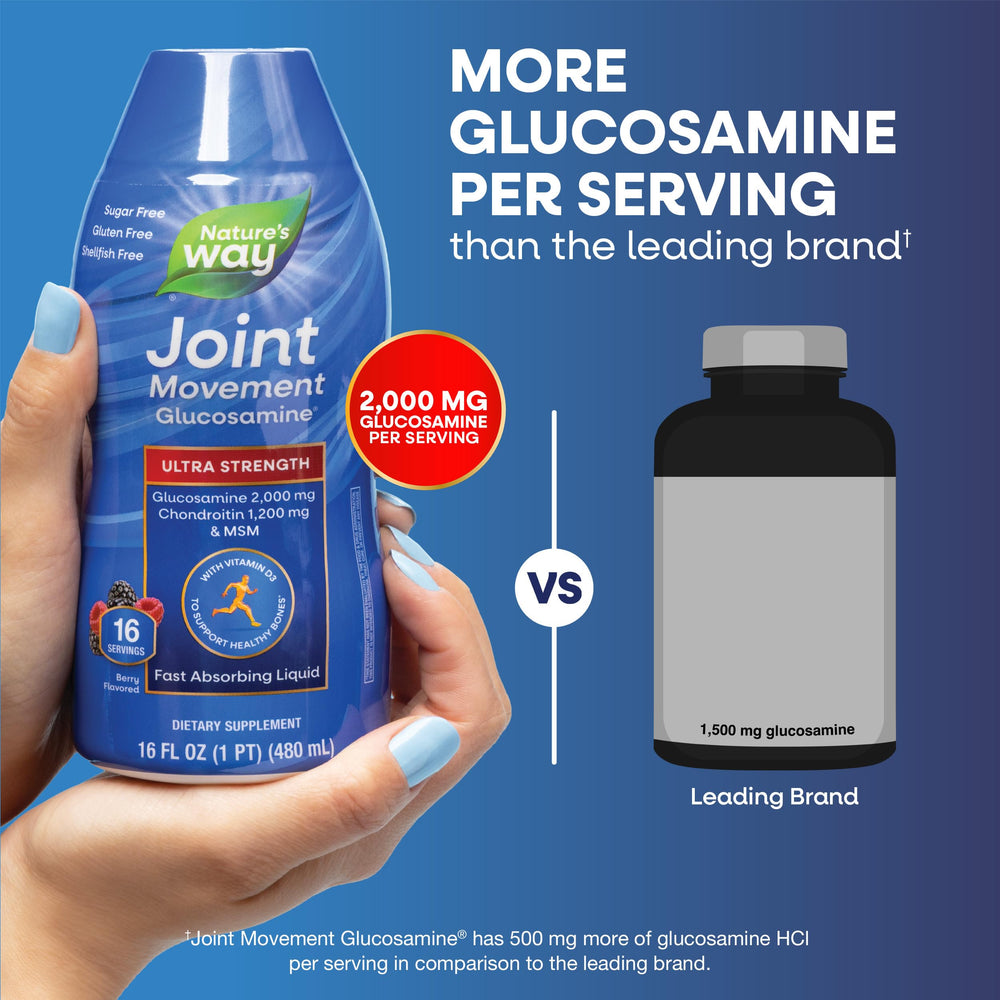 Nature's Way botella en mano para comparar tamaño y cantidad por porción
