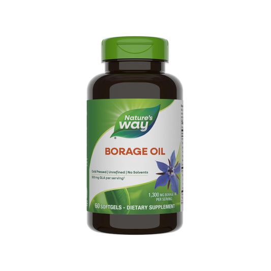 Nature's Way frasco de aceite de borraja mostrando el envase y beneficio de calidad