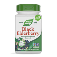 Nature's Way frente del envase de Black Elderberry mostrando dosis y 100 cápsulas, conveniencia