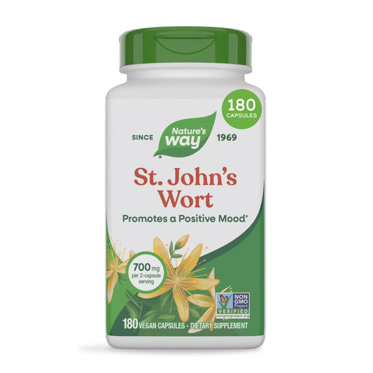 Nature's Way envase frontal de Hierba de San Juan muestra beneficio de confianza