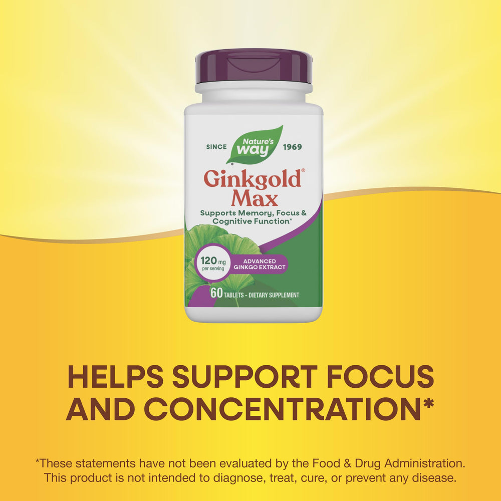 Nature's Way Ginkgold Max etiqueta con ingredientes y porcentajes estandarizados