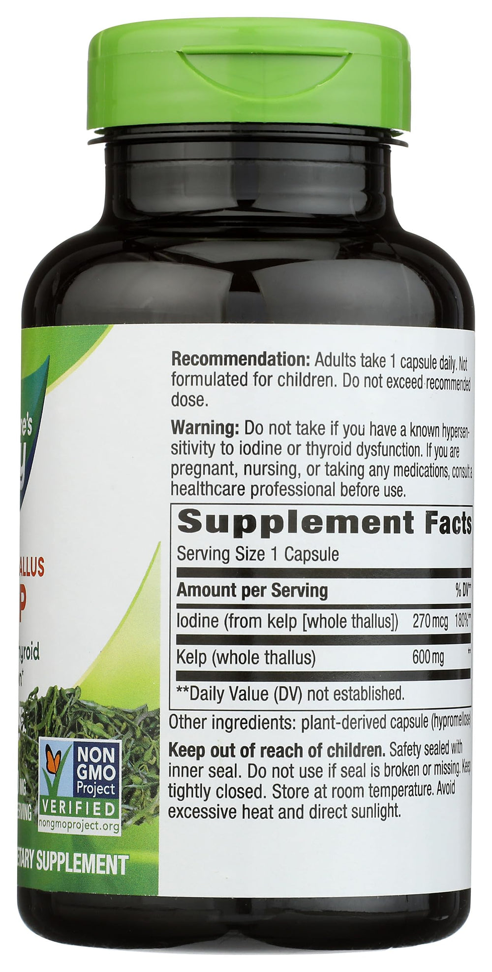 Nature's Way etiqueta de ingredientes mostrando kelp, yodo y certificaciones