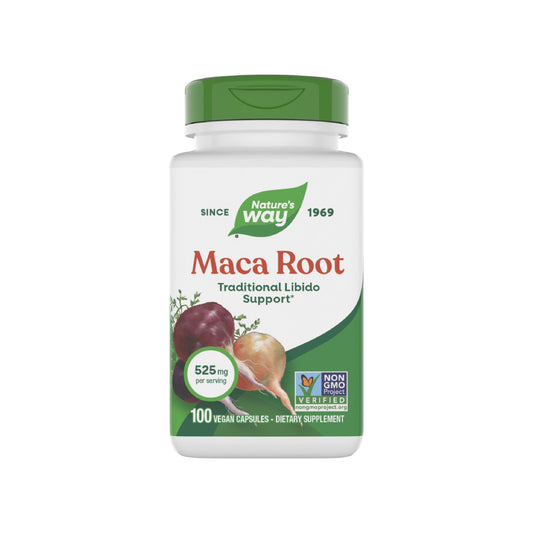 Nature's Way envase frontal de Maca Root mostrando presentación y beneficio natural
