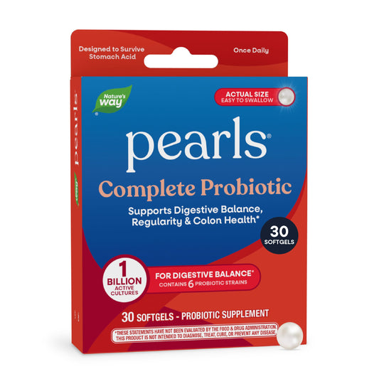 Nature's Way empaque frontal de Pearls Complete Probiotic, presenta confianza y facilidad