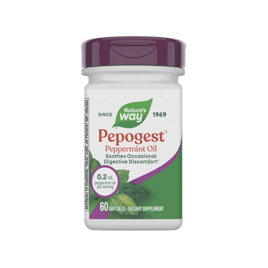 Nature's Way Pepogest bottle with peppermint oil softgels for gentle daily digestive support.