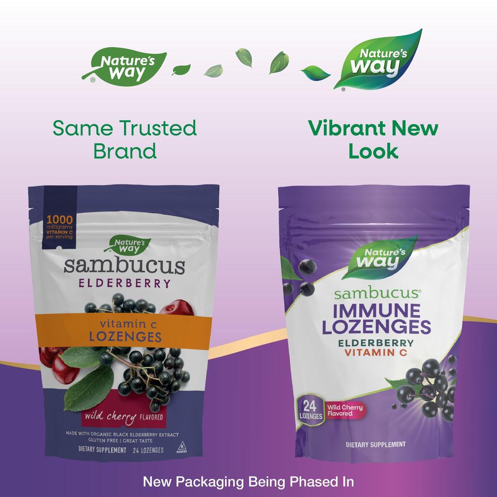 Nature's Way frasco abierto con pastillas Sambucus, fácil dosificación y transporte