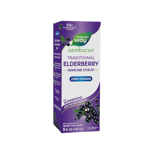 Nature's Way botella frontal mostrando jarabe sin azúcar y beneficio antioxidante