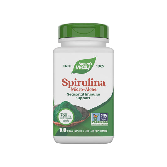 Nature's Way envase frontal de Spirulina, presentación clara y confianza