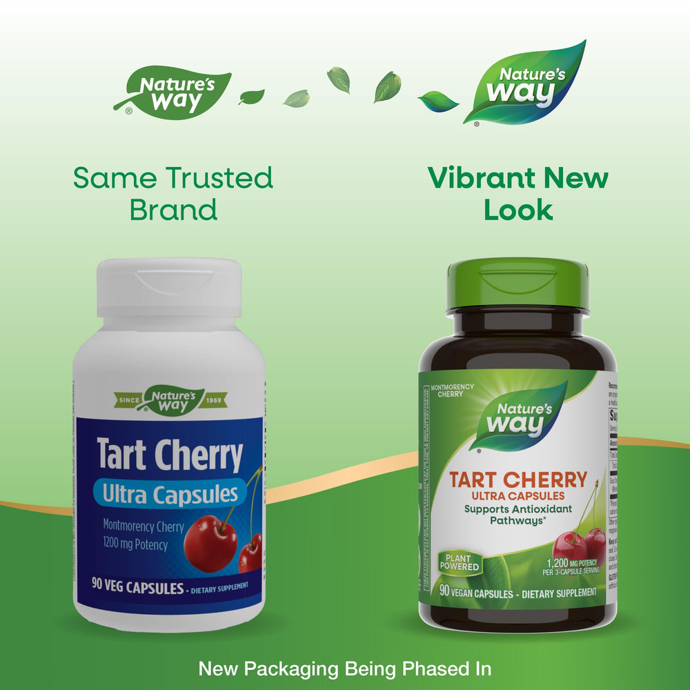 Nature's Way cápsulas Tart Cherry Ultra en mano, dosificación práctica diaria