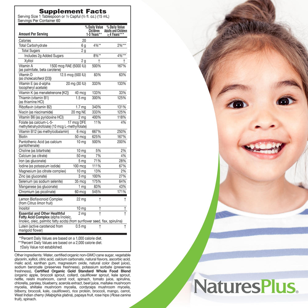 NaturesPlus botella junto a una regla para mostrar tamaño y porciones por envase