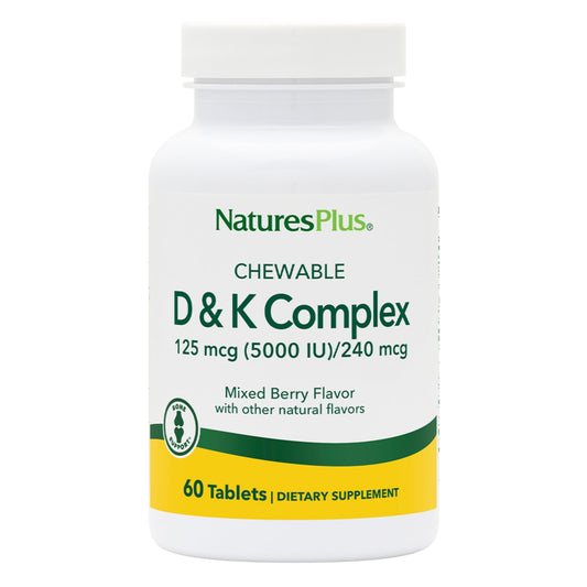 NaturesPlus D-K Complex frasco con sabor frambuesa, apoyo al metabolismo del calcio.