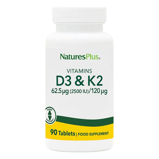 NaturesPlus D3-K2, frasco de tabletas, posible apoyo a la salud ósea.
