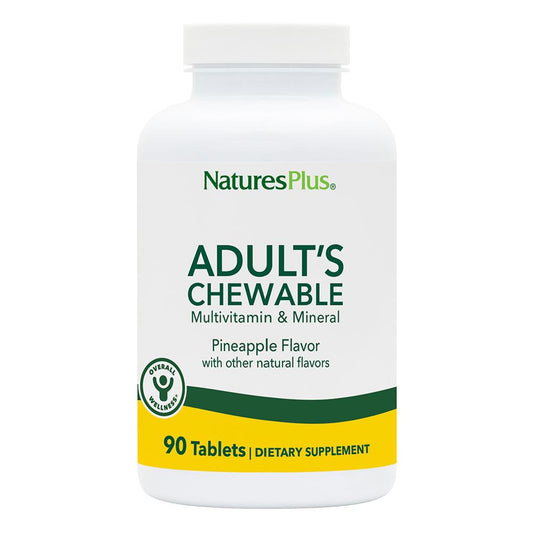 NaturesPlus botella frontal con tabletas masticables sabor piña, práctico almacenamiento