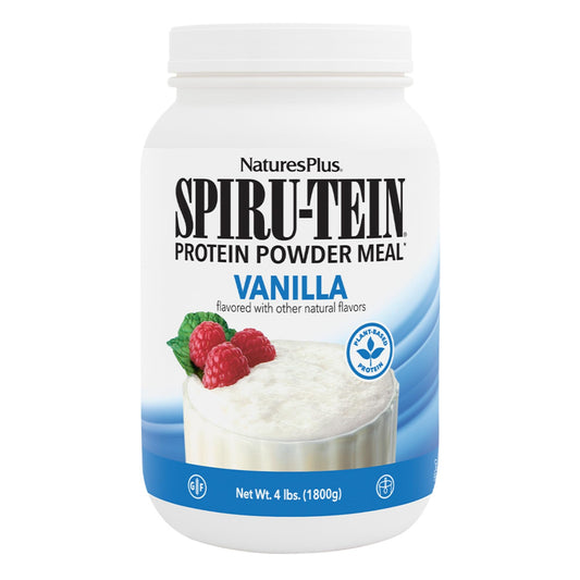NaturesPlus SPIRU-TEIN frente del empaque mostrando tamaño y sabor