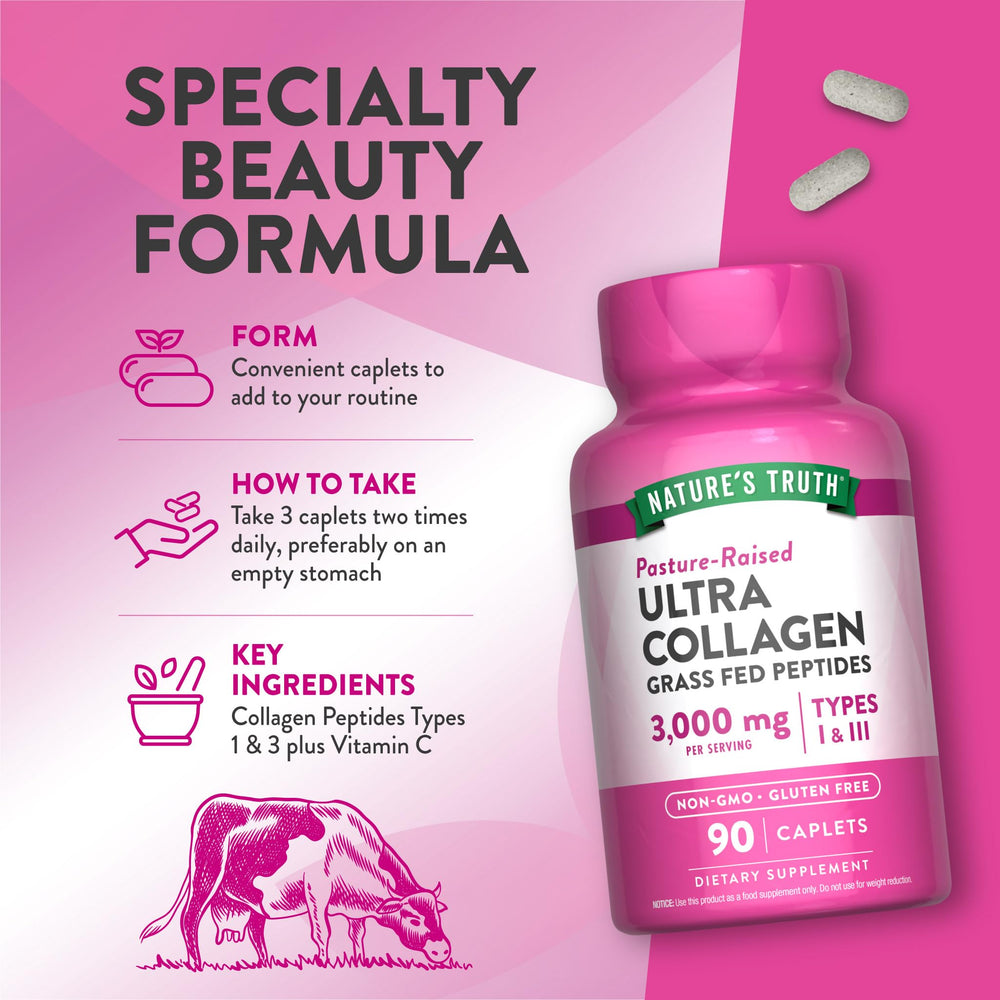 Nature's Truth etiqueta con ingredientes destacando origen grass-fed y sin GMO