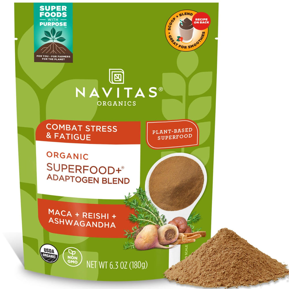 Navitas Organics vista frontal del empaque mostrando la marca y beneficios