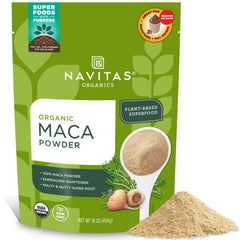Navitas Organics maca frente del paquete mostrando marca y tamaño 16 oz