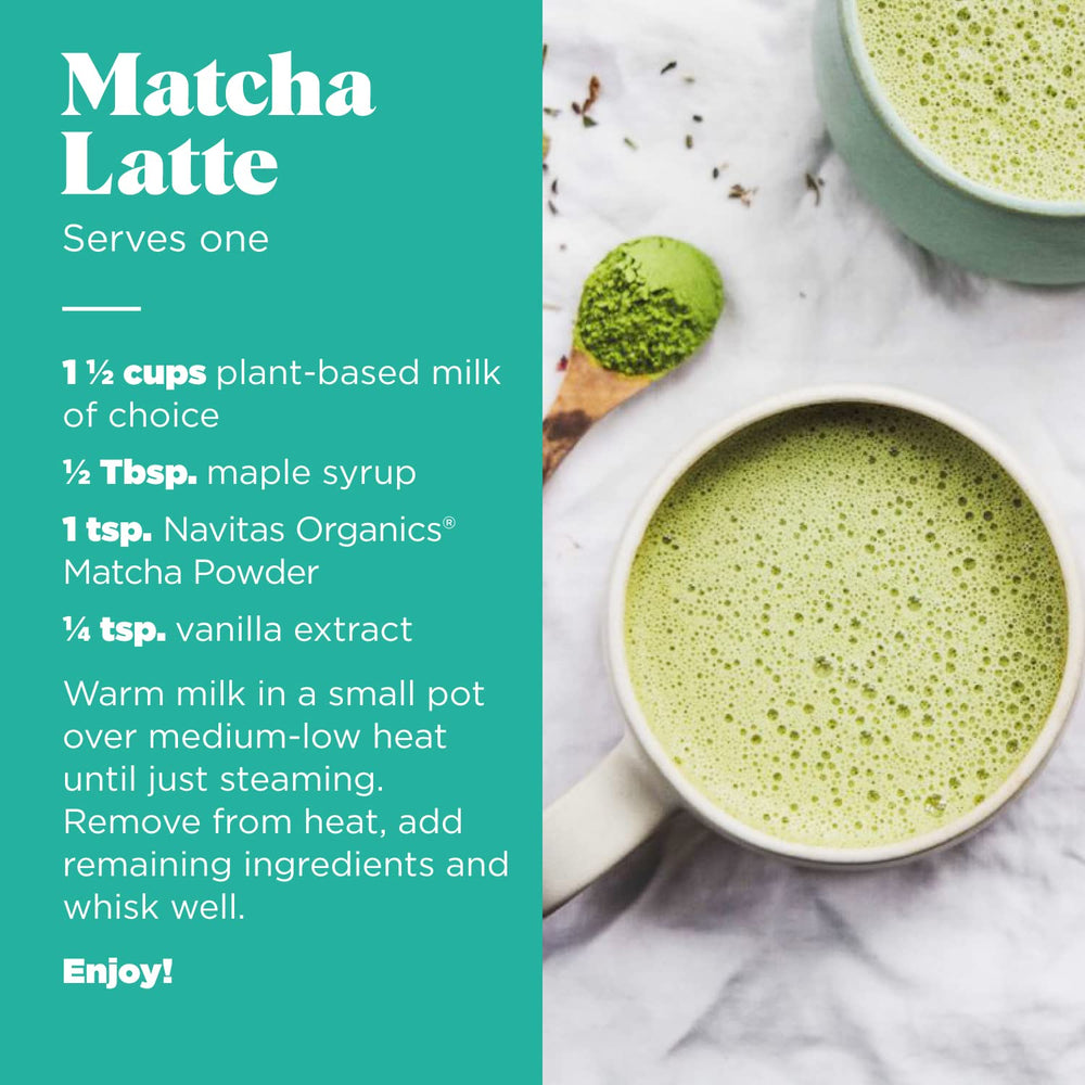Navitas Organics matcha latte cremoso servido en vaso aportando energía