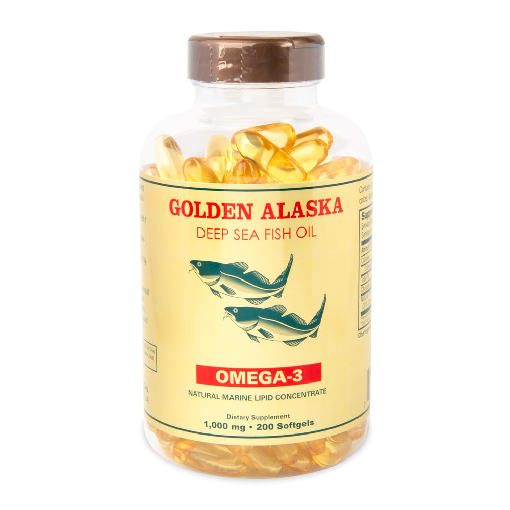 NCB frasco de Omega 3 Alaska frente mostrando etiqueta y beneficio de omega-3 concentrado