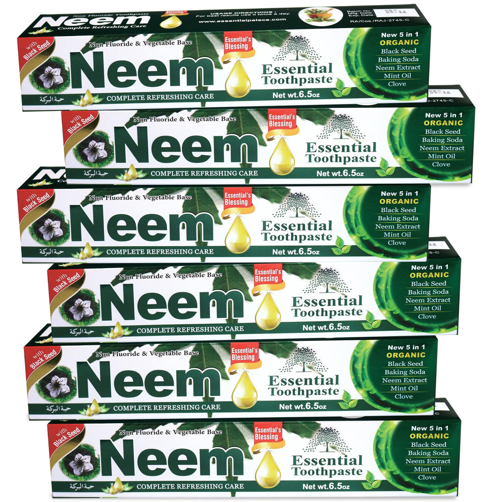 NEEM Essential Toothpaste frente del empaque mostrando pack de seis, conveniencia familiar