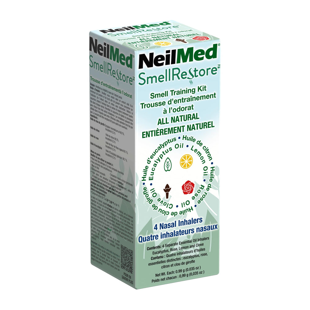 NeilMed inhaladores alineados con olores distintos para entrenamiento olfativo diario