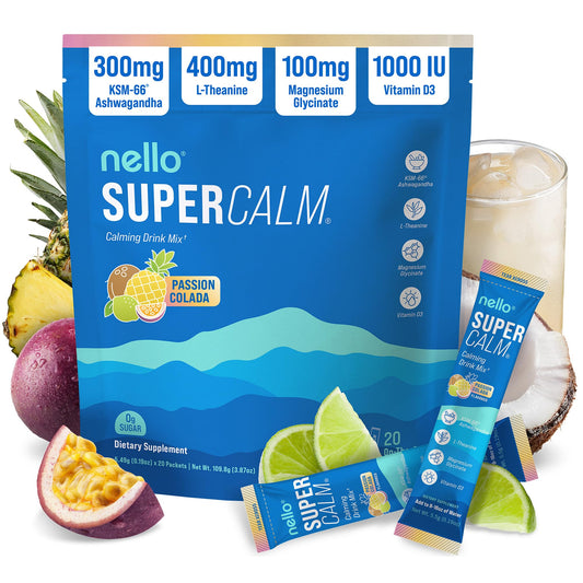Nello embalaje frontal Passion Colada mostrando sobres y beneficio relajante