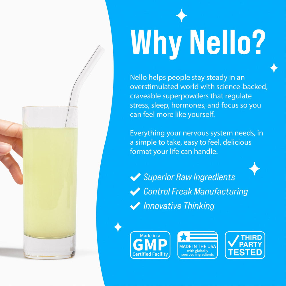 Envase Nello SuperCalm junto a objetos cotidianos para comparar tamaño práctico