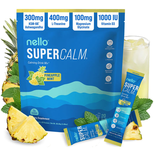 Nello Supercalm frente del empaque mostrando sabor piña menta y beneficios claros