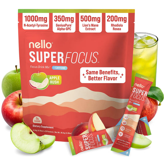 Nello Superfocus frente del empaque mostrando 20 sobres y beneficio de conveniencia