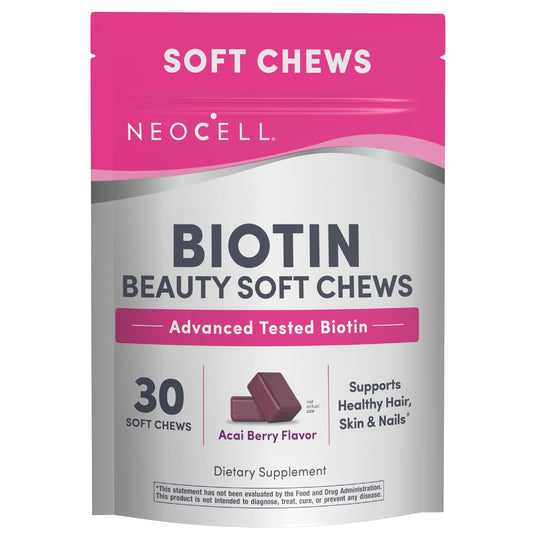 NeoCell envase frontal con 30 masticables açaí, aporta biotina práctica