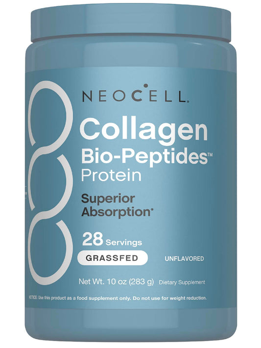NeoCell Colágeno Bio-Peptidos: botella para uso diario y soporte de hidratación.
