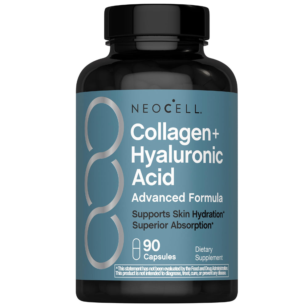 NeoCell Collagen Peptides cápsulas en bote para piel hidratada.
