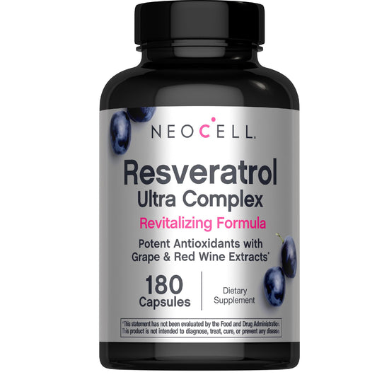 NeoCell Resveratrol Ultra cápsulas para apoyo diario de vitalidad con antioxidantes.