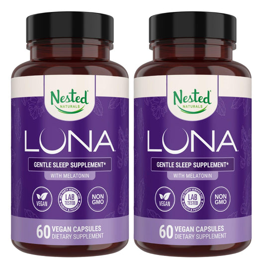 Nested Naturals Luna frente del envase mostrando etiqueta clara y beneficio descanso