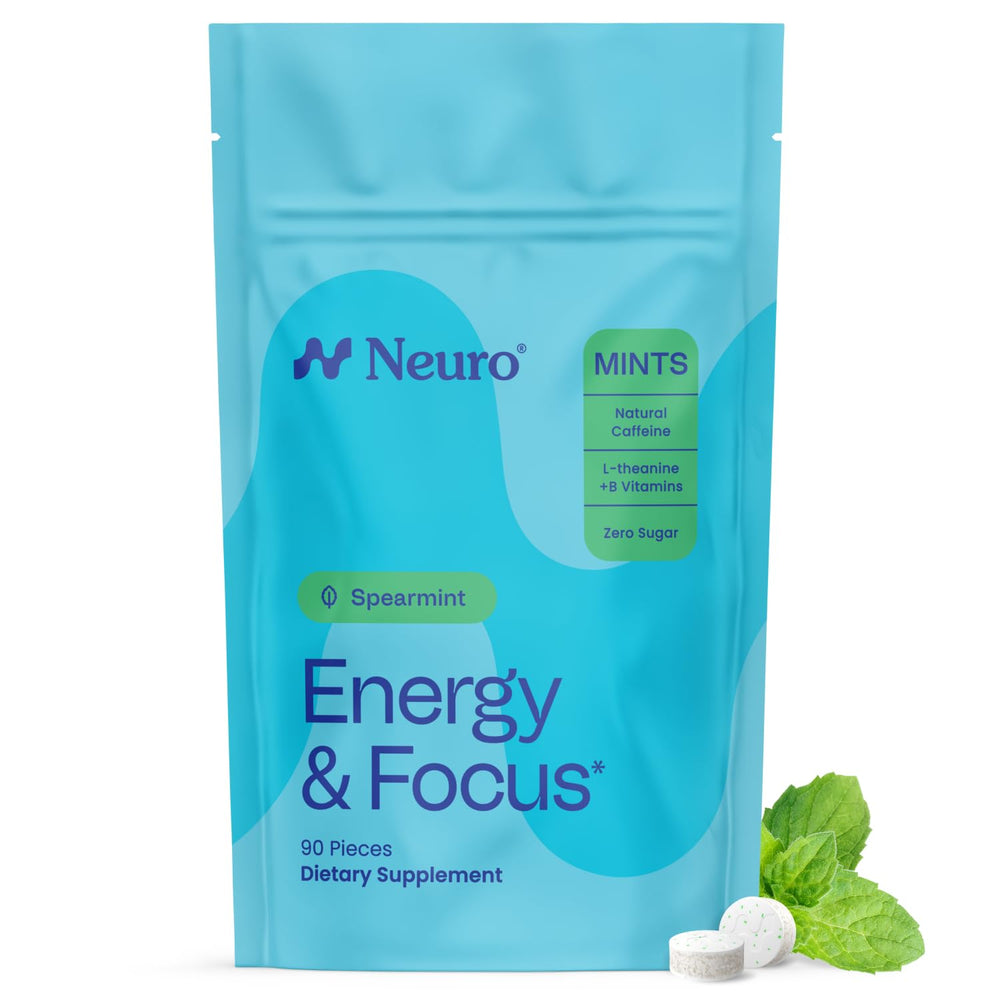 Neuro mentas frontal mostrando bote y cantidad, práctico para llevar