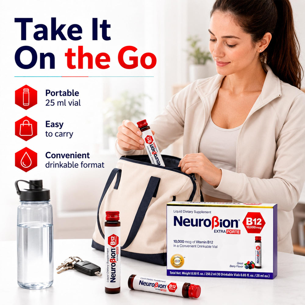 Neurobion en entorno lifestyle sobre mesa de trabajo mostrando consumo práctico diario