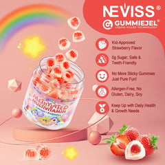 Botella NEVISS abierta con gomitas visibles y tapa de seguridad