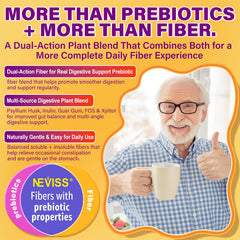 NEVISS etiqueta de ingredientes resaltando psyllium, inulina, FOS y vitaminas para apoyo digestivo