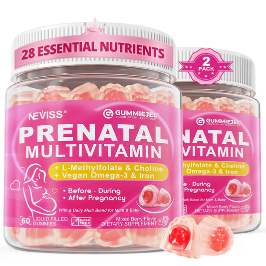 NEVISS frente del empaque mostrando gomitas prenatales y beneficios