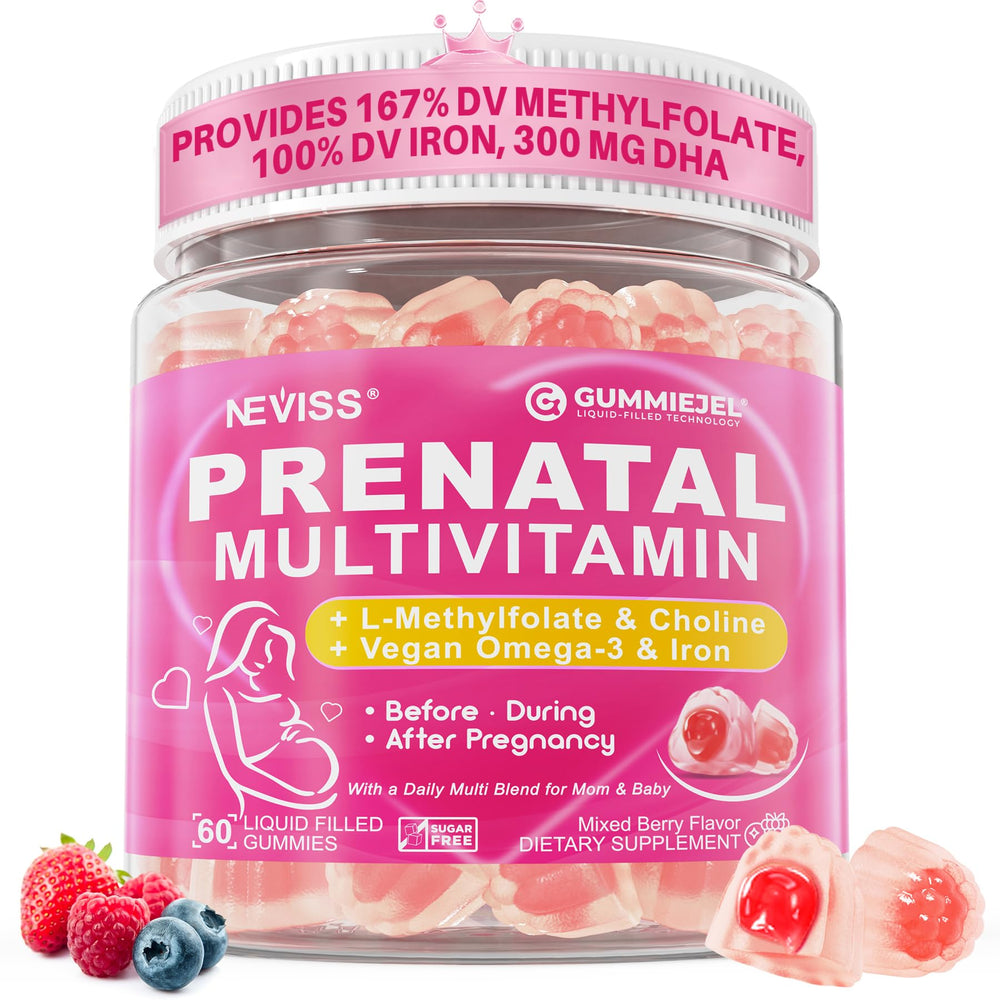 NEVISS frente del envase de gomitas prenatales, presentación clara y portable