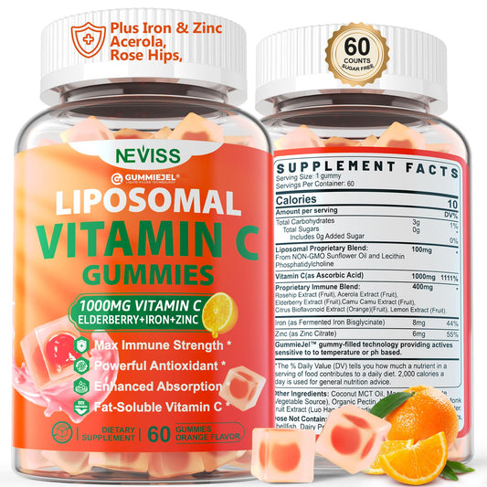 NEVISS envase frontal de Liposomal Vitamin C mostrando 60 unidades y beneficios