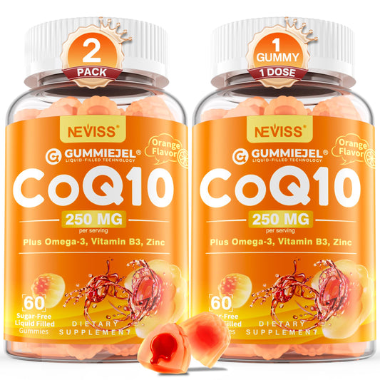 NEVISS frontal del envase de gomitas CoQ10 con beneficio de dosificación clara