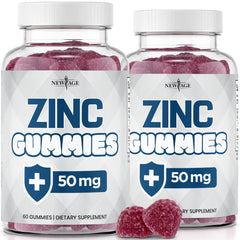 NEW AGE empaque frontal de Zinc Gummies mostrando dos envases y diseño claro para confianza