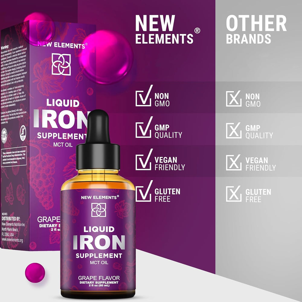 New Elements embalaje con sellos GMP y FDA resaltando control de calidad