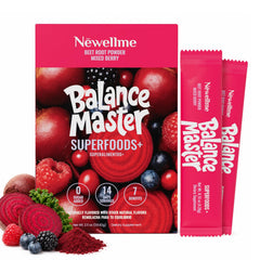 NEWELLME paquete frontal Balance Master mostrando 14 sobres, conveniencia portátil