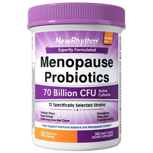 NewRhythm Menopause Probiotics, botella de cápsulas para apoyo digestivo diario.