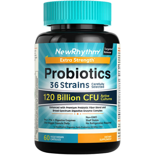 NewRhythm Probiotics botella 120 mil millones UFC, apoyo digestivo diario sin refrigeración.