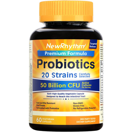 NewRhythm Probiotics bottle front with 50B CFU and targeted release