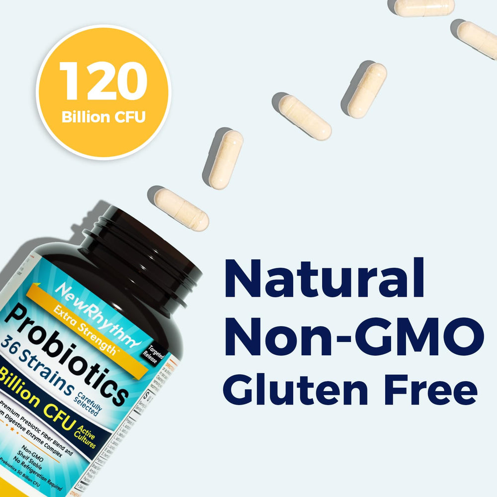 NewRhythm Probiotics cápsulas 36 cepas, mezcla amplia para bienestar intestinal.