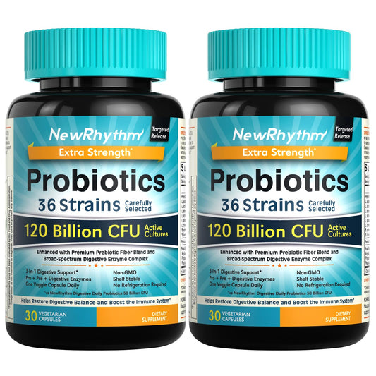 NewRhythm Probiotics, envase de 60 cápsulas para uso diario.